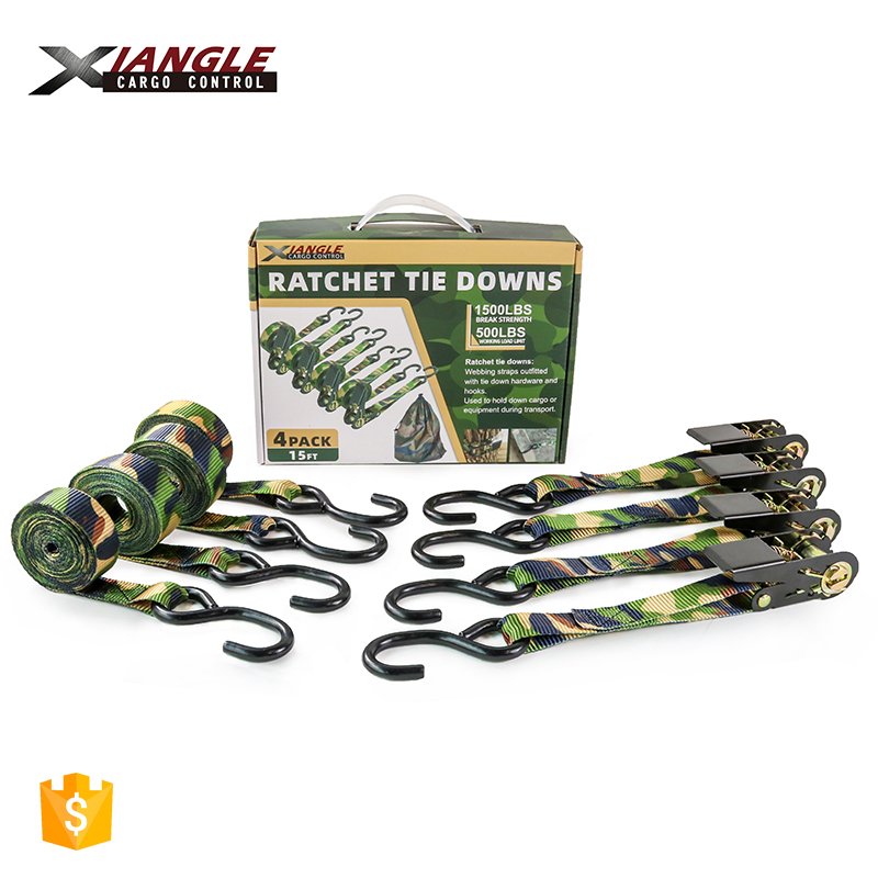 Direct manufacturer new 1" 25mm ratchet tie down polyester webbing cargo lashing belt straps with S hook assortment