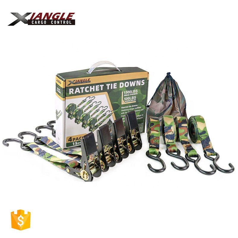 Direct manufacturer new 1" 25mm ratchet tie down polyester webbing cargo lashing belt straps with S hook assortment