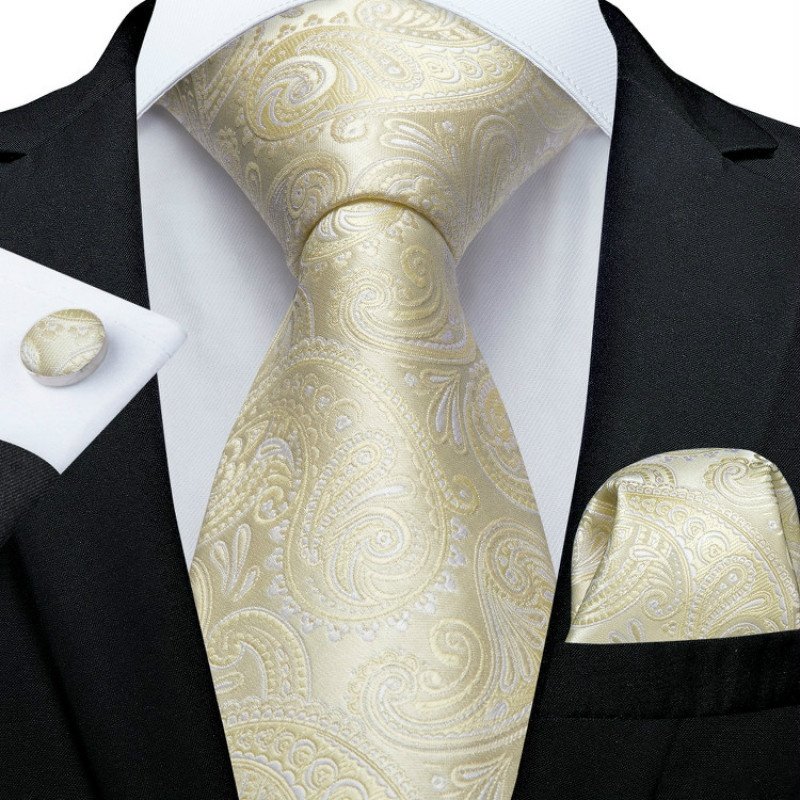 Fashion Mens Business Creamy White Paisley Silk Tie Handkerchief Set