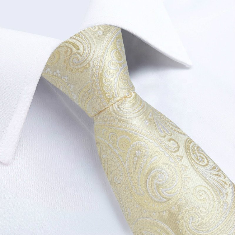 Fashion Mens Business Creamy White Paisley Silk Tie Handkerchief Set
