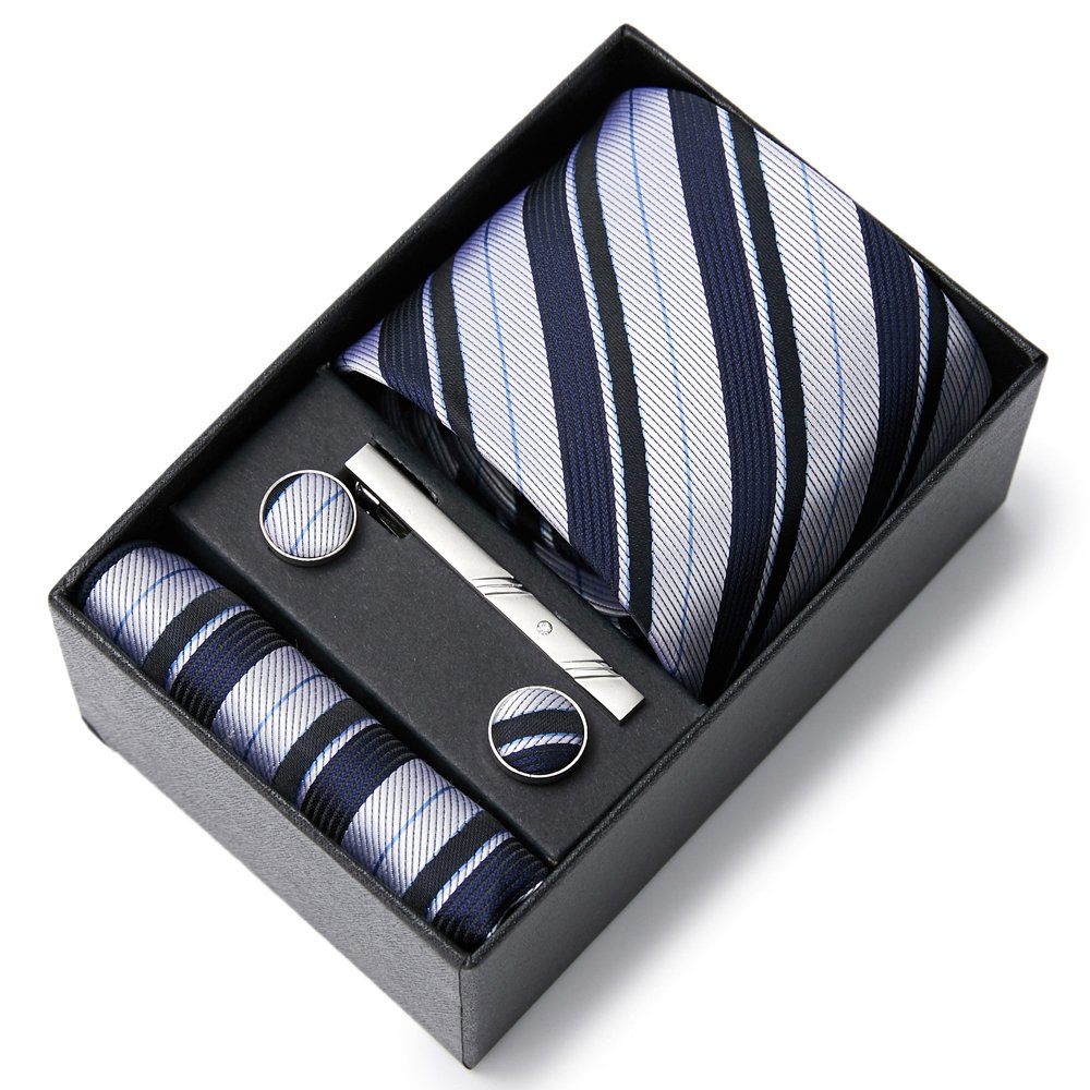 Mix Colors Newest Design Tie Pocket Squares Cufflink Set Necktie Box Stripe Blue Suit Accessories Fit Workplace