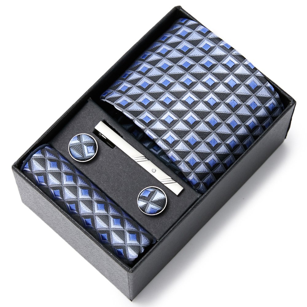 Mix Colors Newest Design Tie Pocket Squares Cufflink Set Necktie Box Stripe Blue Suit Accessories Fit Workplace
