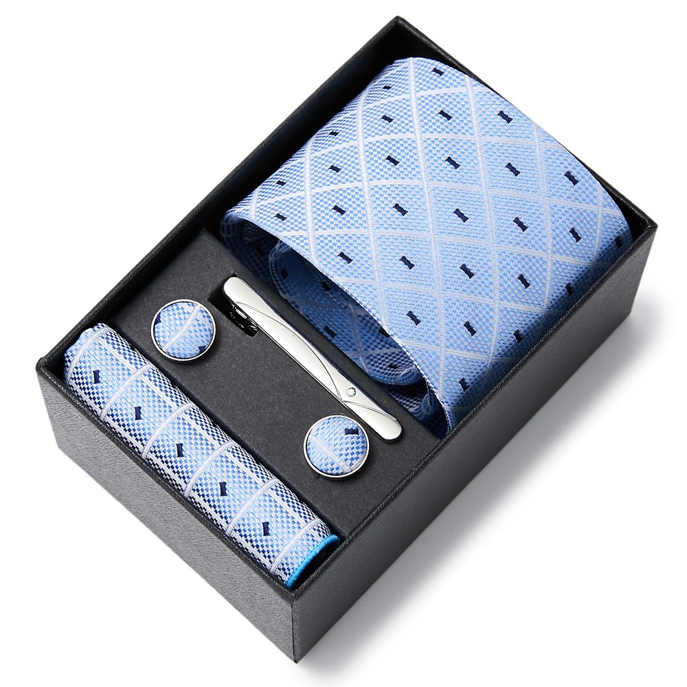 Mix Colors Newest Design Tie Pocket Squares Cufflink Set Necktie Box Stripe Blue Suit Accessories Fit Workplace