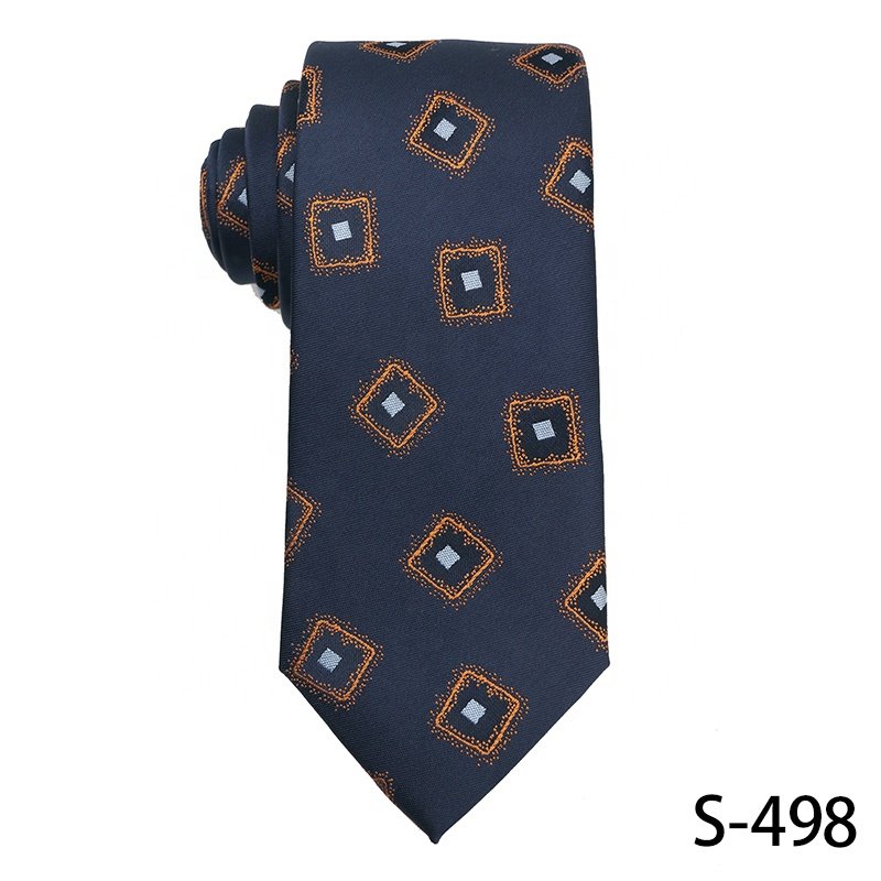 Popular In Young People 7.5cm Necktie Jacquard Woven 100% Polyester Neckties For Men Navy Blue And Orange Polyester Neckties