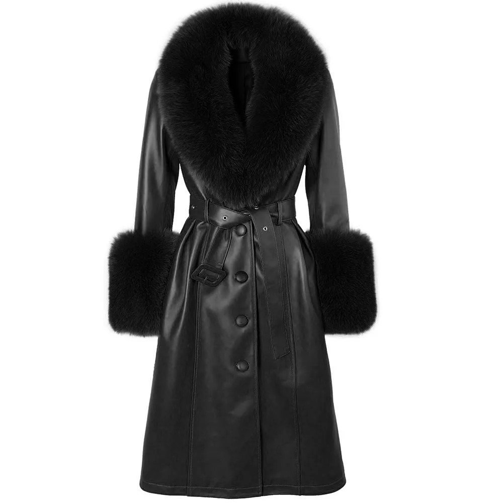 RXFurs Female Ladies Fashion Elegant Tie Belt Waist Coats Removable Women's Leather Long Coat with Fox Fur Collar and Cuffs