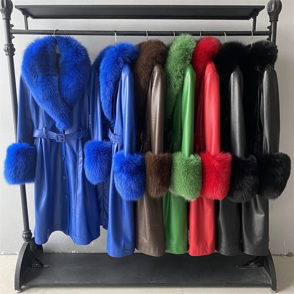 RXFurs Female Ladies Fashion Elegant Tie Belt Waist Coats Removable Women's Leather Long Coat with Fox Fur Collar and Cuffs