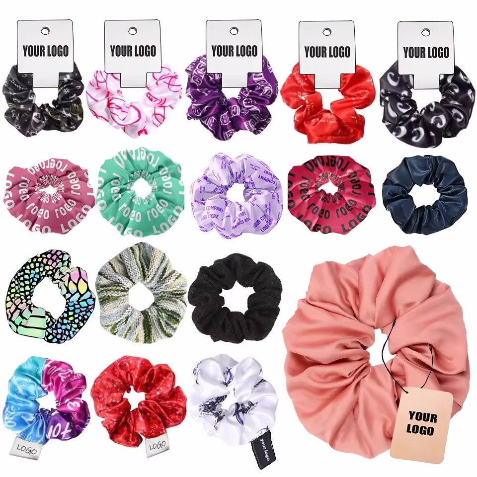 CHENGHE custom logo personalized ribbon velvet cotton satin silk scrunchies for women small MOQ elastic scrunchy hair ties