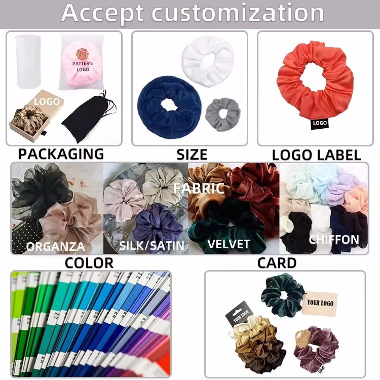 CHENGHE custom logo personalized ribbon velvet cotton satin silk scrunchies for women small MOQ elastic scrunchy hair ties