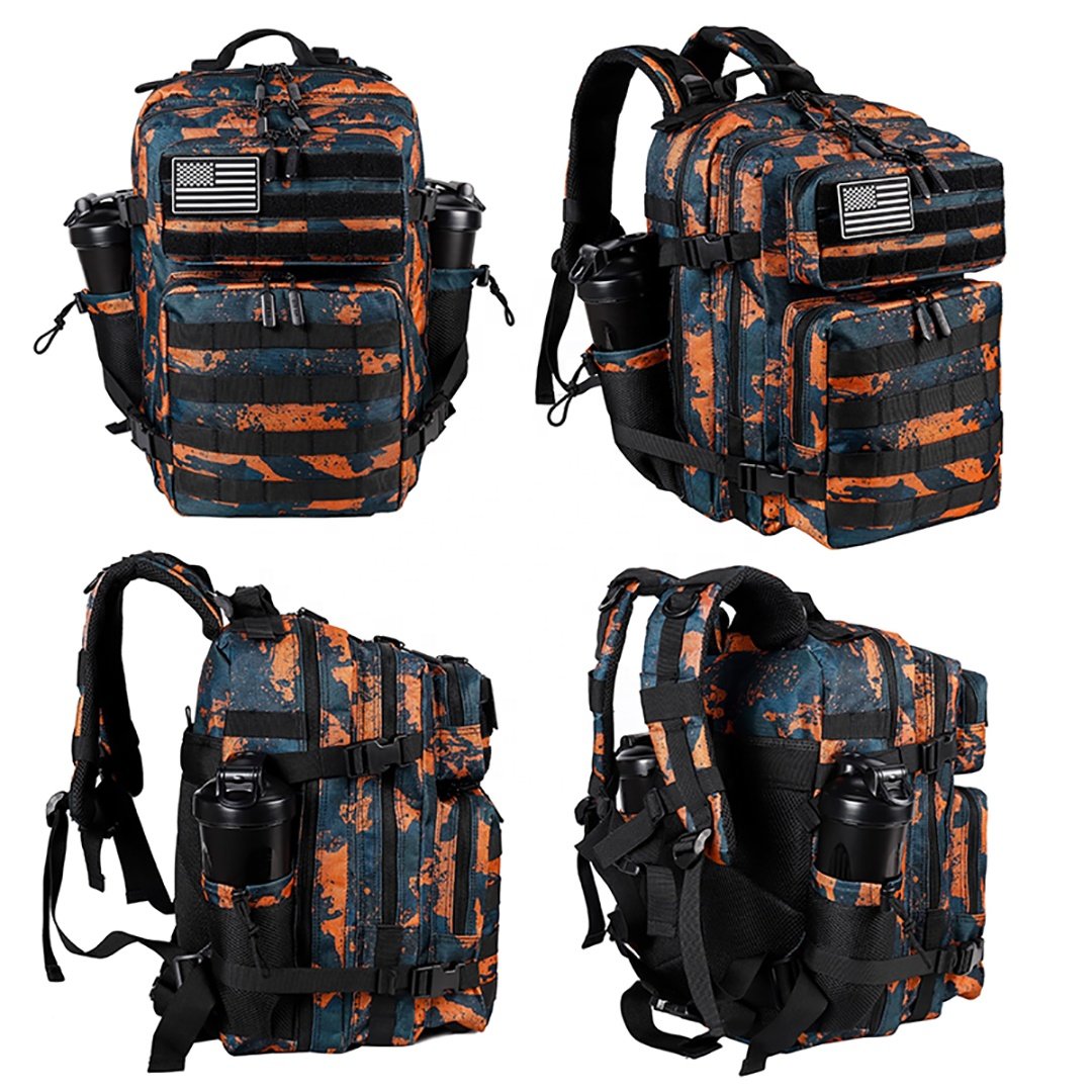 Custom Logo Waterproof Travel Fitness Tie-dye Black Orange 35L Gym Tactical Backpack Dual Cup Holders