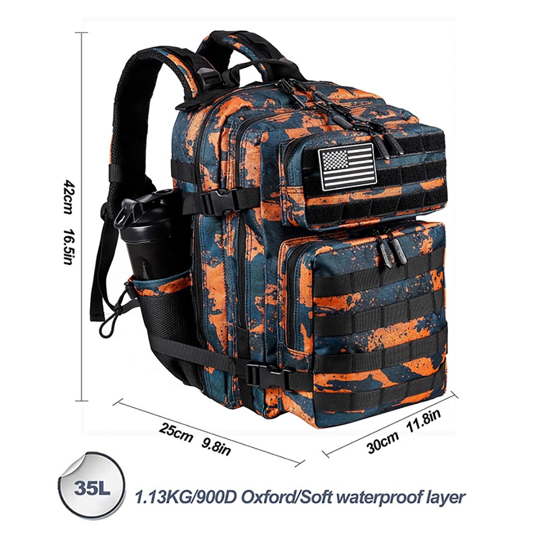 Custom Logo Waterproof Travel Fitness Tie-dye Black Orange 35L Gym Tactical Backpack Dual Cup Holders