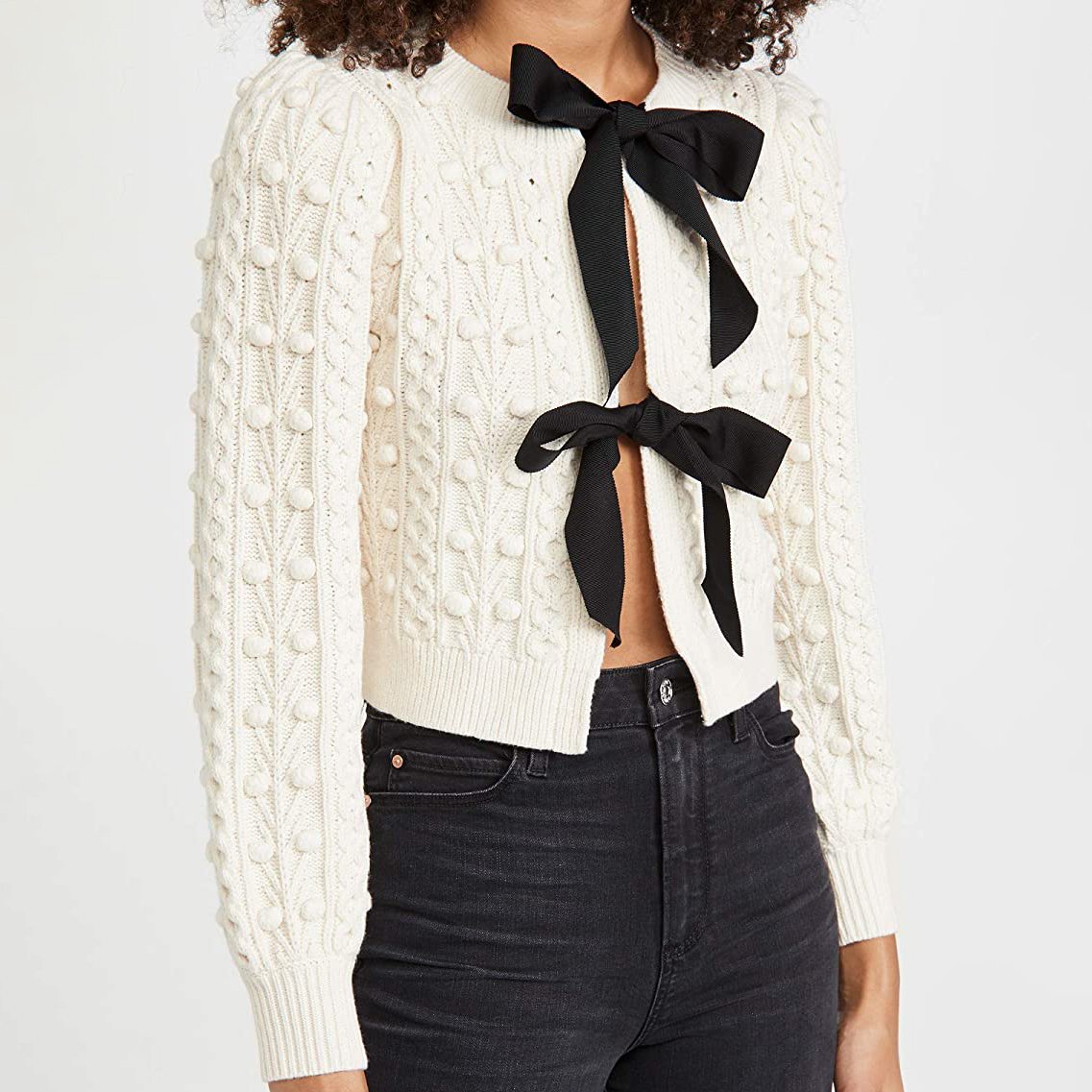 Wholesale White Puff Sleeve Sexy Short Cardigan Sweater With Cute Tie Bow For Women