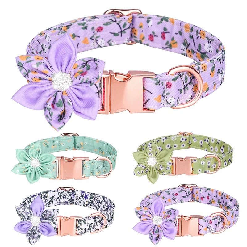 Hot new fashion sunflower chrysanthemum pure cotton breathable flower gold metal buckle collar for dog cat