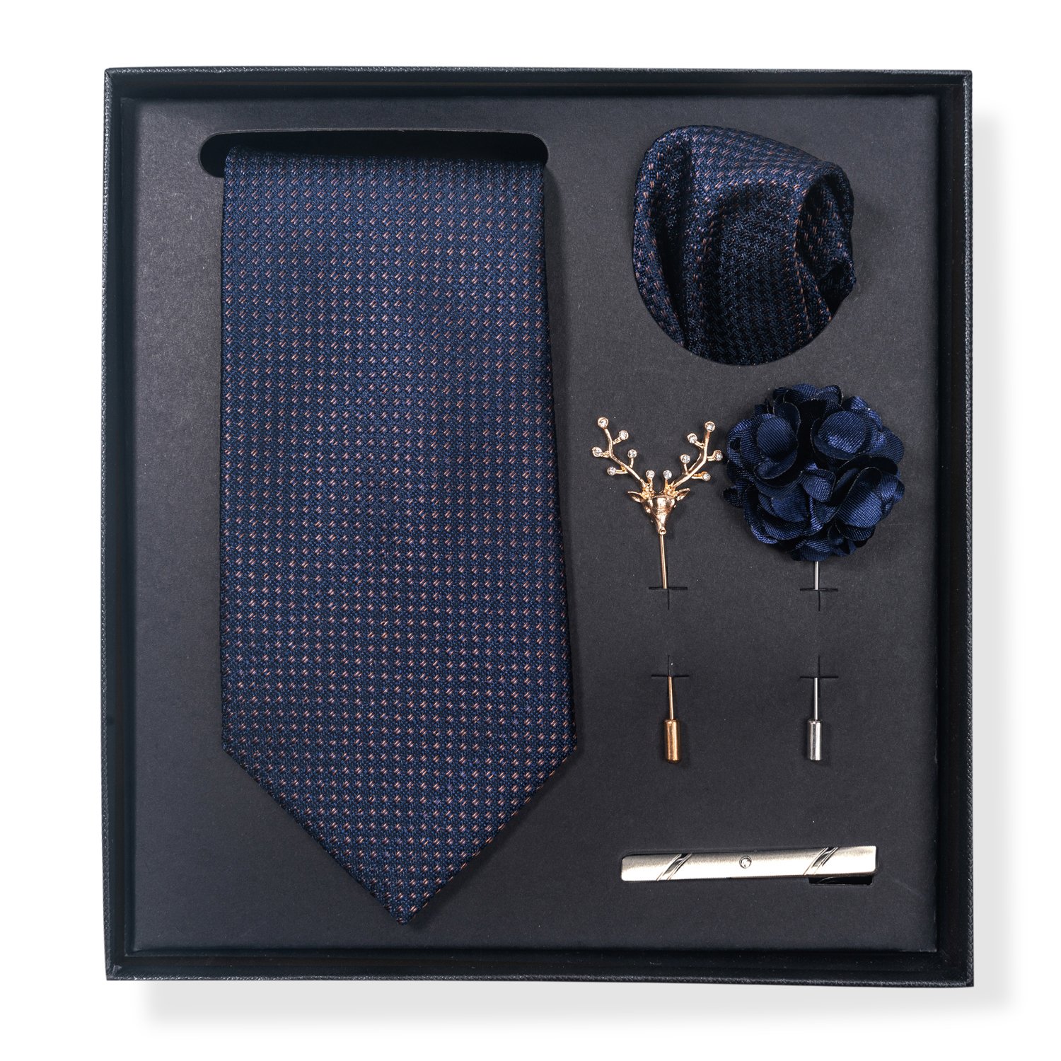 Silk Handmade 8 cm Tie Sets Black Blue Men's Neck Tie Handkerchief Cufflinks Tie Clip With Pin In Box Birthday Gift