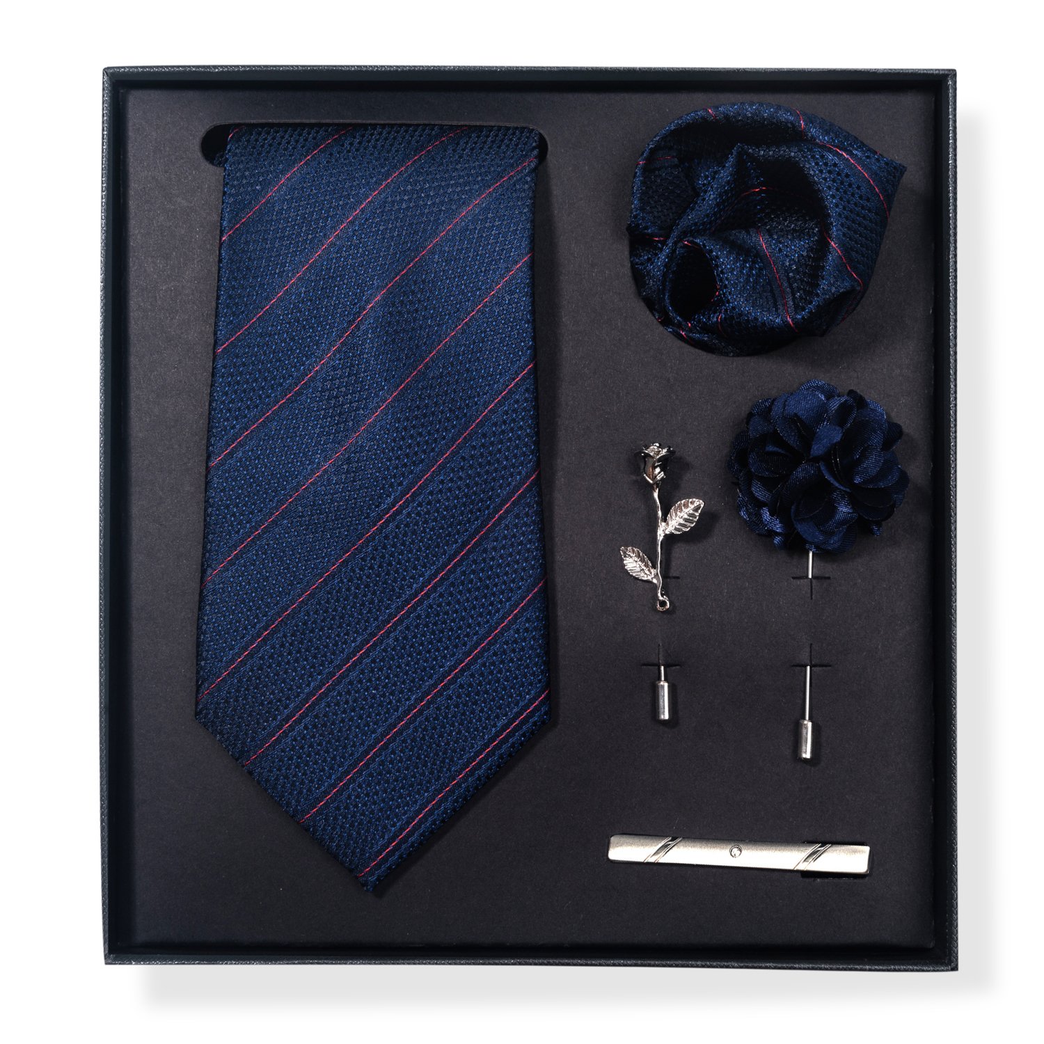 Silk Handmade 8 cm Tie Sets Black Blue Men's Neck Tie Handkerchief Cufflinks Tie Clip With Pin In Box Birthday Gift