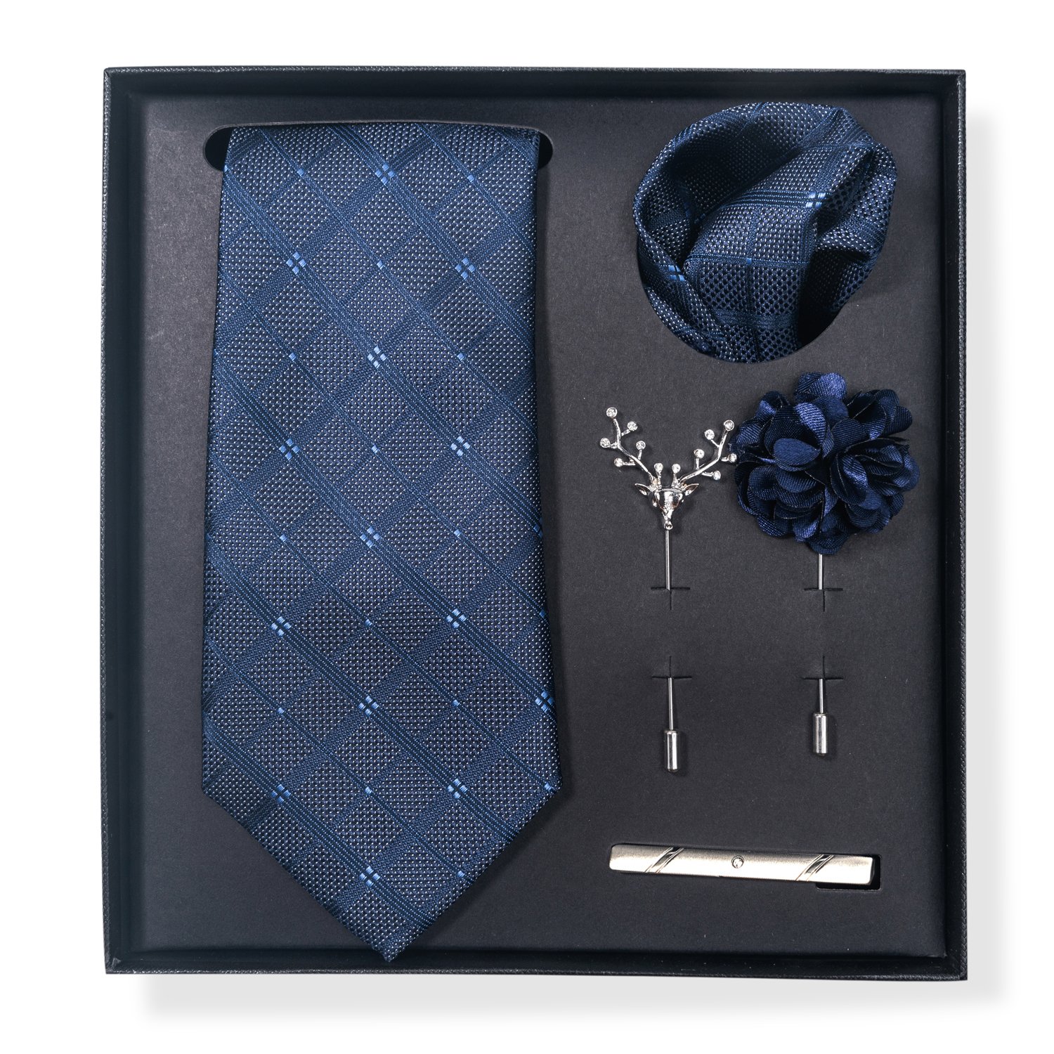 Silk Handmade 8 cm Tie Sets Black Blue Men's Neck Tie Handkerchief Cufflinks Tie Clip With Pin In Box Birthday Gift