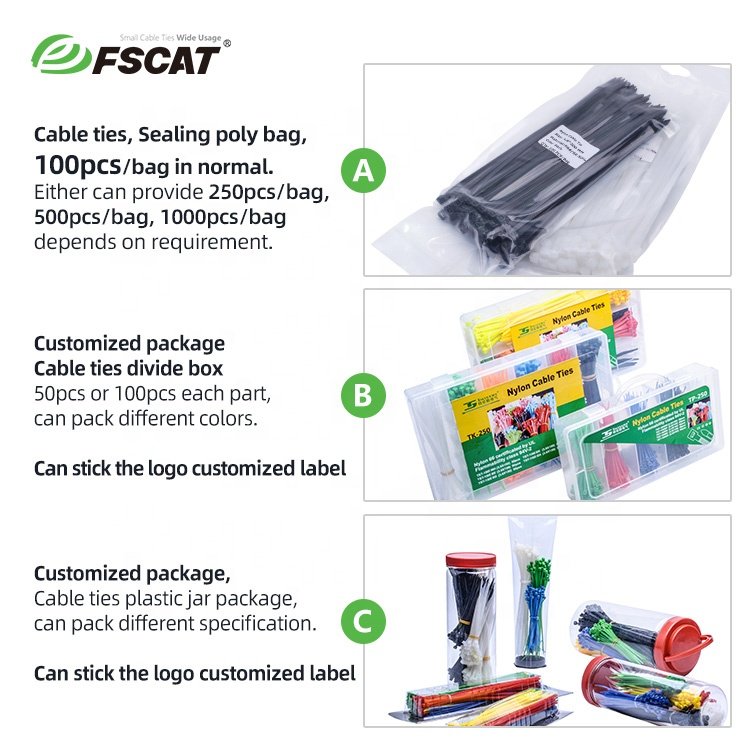 FSCAT Nylon 66 100mm 180mm 200mm 280mm 350mm 400mm 500mm 800mm 1200mm Uv Plastic Cable tie Nylon Zip tie