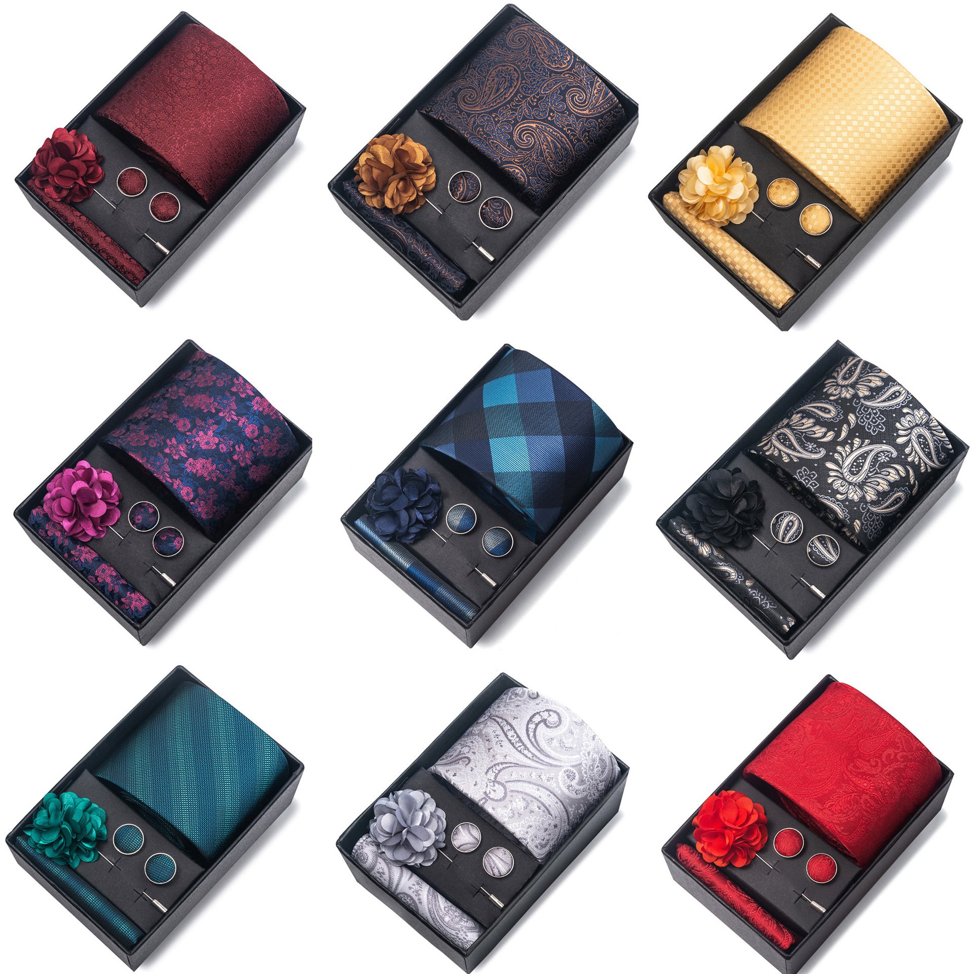Wedding tie, groom's festive wine red tie, men's suit, cufflinks, corsage accessories set box