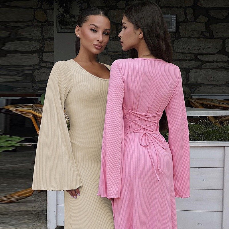 Hot Women's U-Neck Flare Long Sleeve Bodycon Dress Elegant Party Club Maxi Tie-Up Solid Chiffon Fabric Sexy Skinny Slip