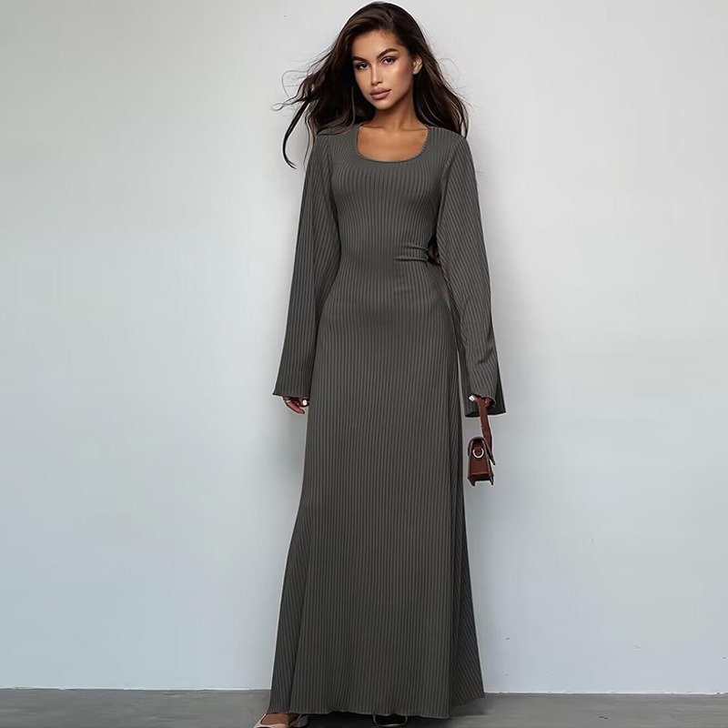 Hot Women's U-Neck Flare Long Sleeve Bodycon Dress Elegant Party Club Maxi Tie-Up Solid Chiffon Fabric Sexy Skinny Slip