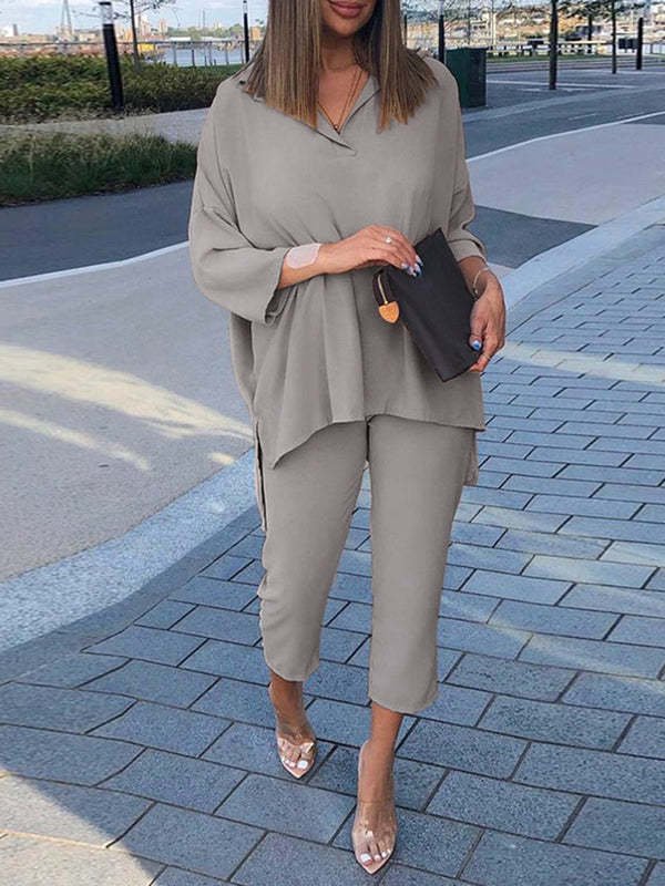 spring fall women's clothing cotton linen casual comfortable elastic waist set women shirt cropped pants two piece ladies sets