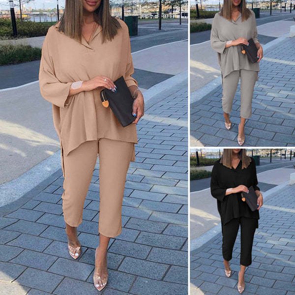 spring fall women's clothing cotton linen casual comfortable elastic waist set women shirt cropped pants two piece ladies sets