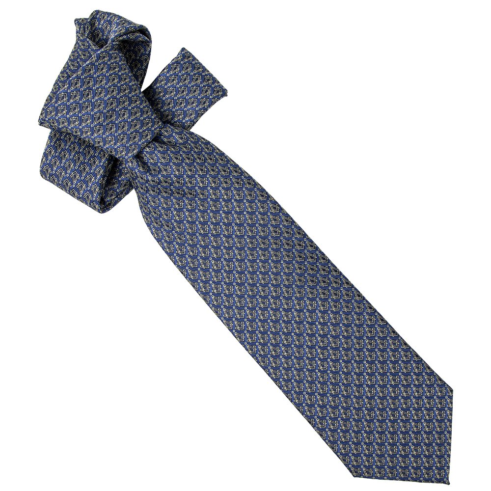 Men's Navy Blue Plaid Necktie Microfiber Polyester Design with Masonic Gold Square & Compass Premium Quality