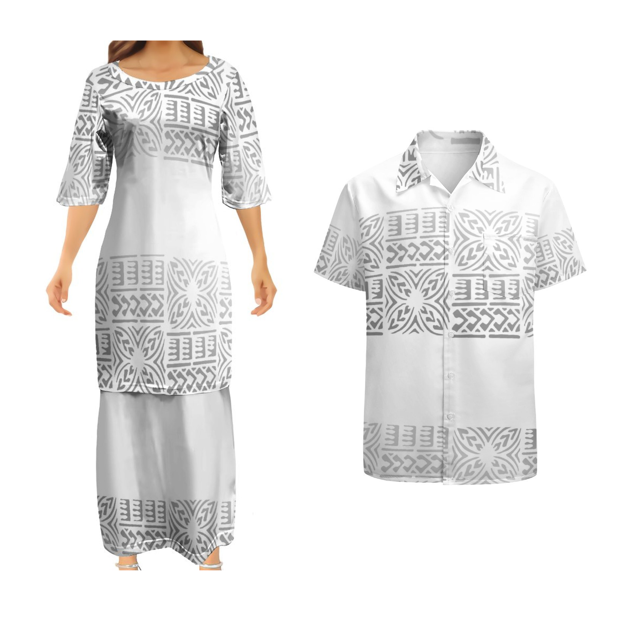 New Custom White Sunday Polynesian Samoan Puletasi And Mens Shirts Couple Clothes Womens Two Piece Set Church Uniform Ptaha