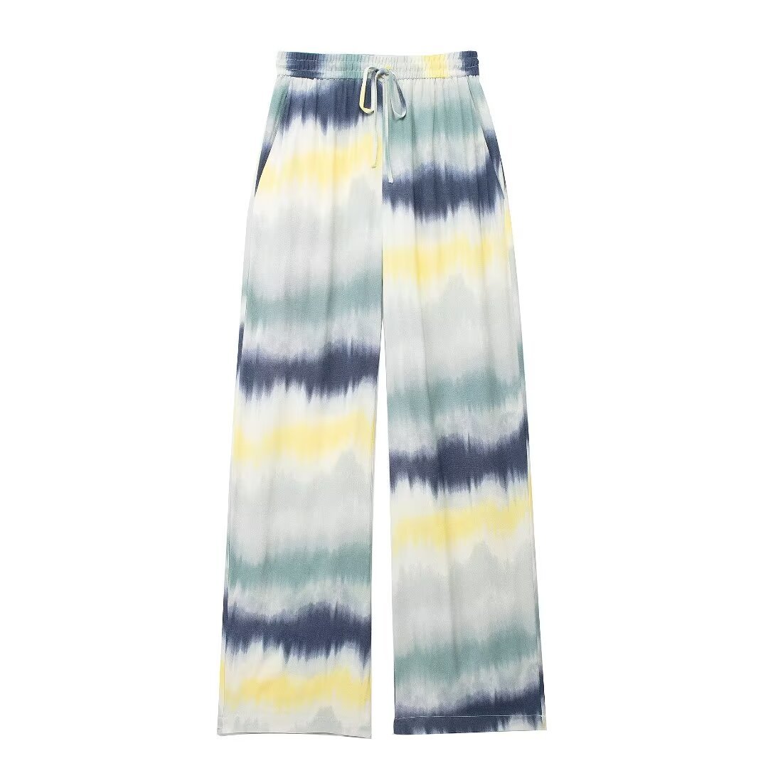 TRAFZA Woman Chic Pants Tie Dye Elastic Waist Pockets Lace-Up Decorate Wide Leg Pants Summer Trousers