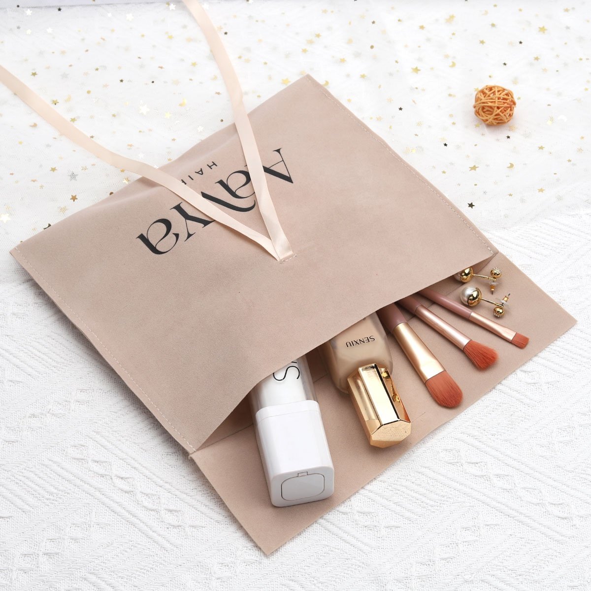Custom Logo Printed Brown Velvet Jewelry Gift Packaging Bag With Ribbon Tie Luxury Soft Purse Lingerie Hair Storage Envelope Bag