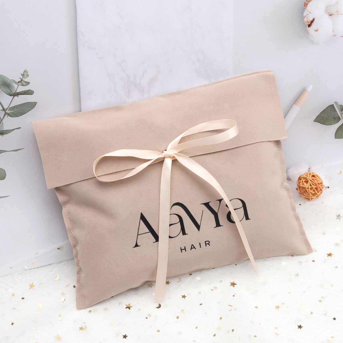 Custom Logo Printed Brown Velvet Jewelry Gift Packaging Bag With Ribbon Tie Luxury Soft Purse Lingerie Hair Storage Envelope Bag