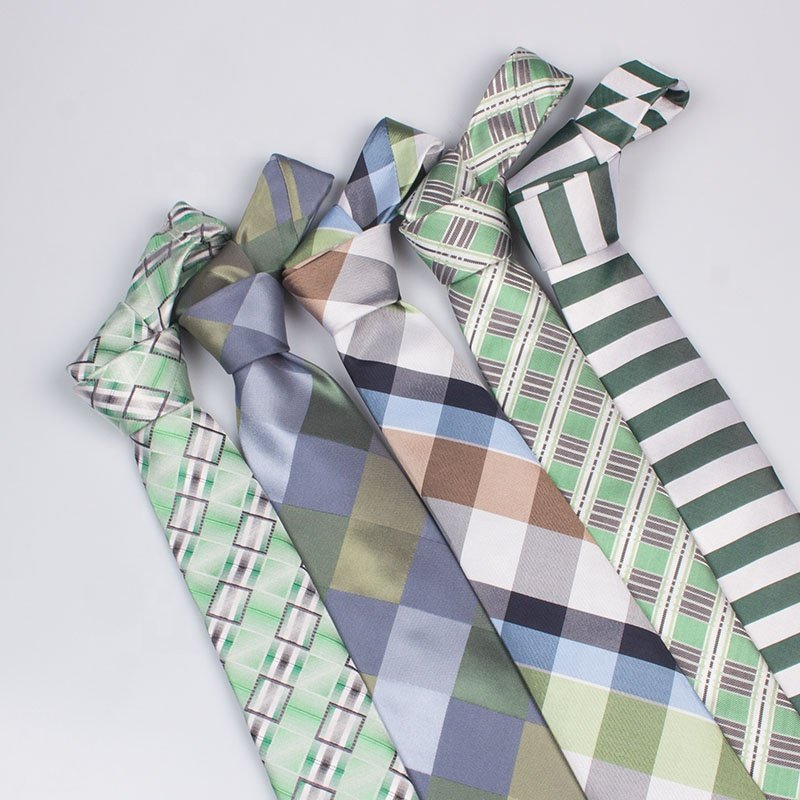 Premium Ready Made Five Colors Flat End Neck Tie Unisex Green Blue Geometric Skinny Silk Ties for Suit