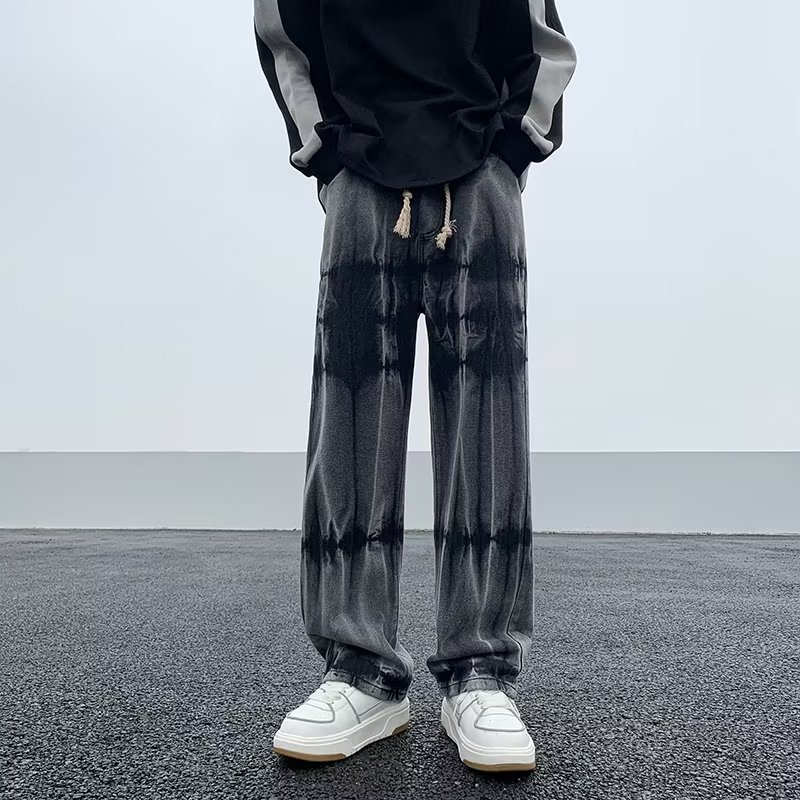 Men's Tie-Dye Elastic-Waist Jeans High Street Style Wide-Leg Straight Leg Pants for Spring and Autumn Casual Wear