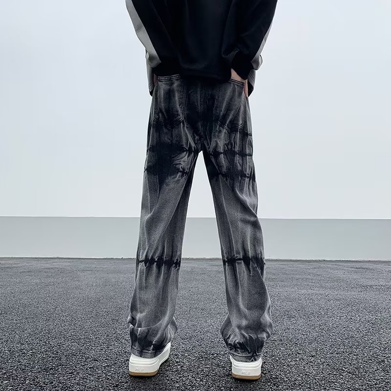 Men's Tie-Dye Elastic-Waist Jeans High Street Style Wide-Leg Straight Leg Pants for Spring and Autumn Casual Wear