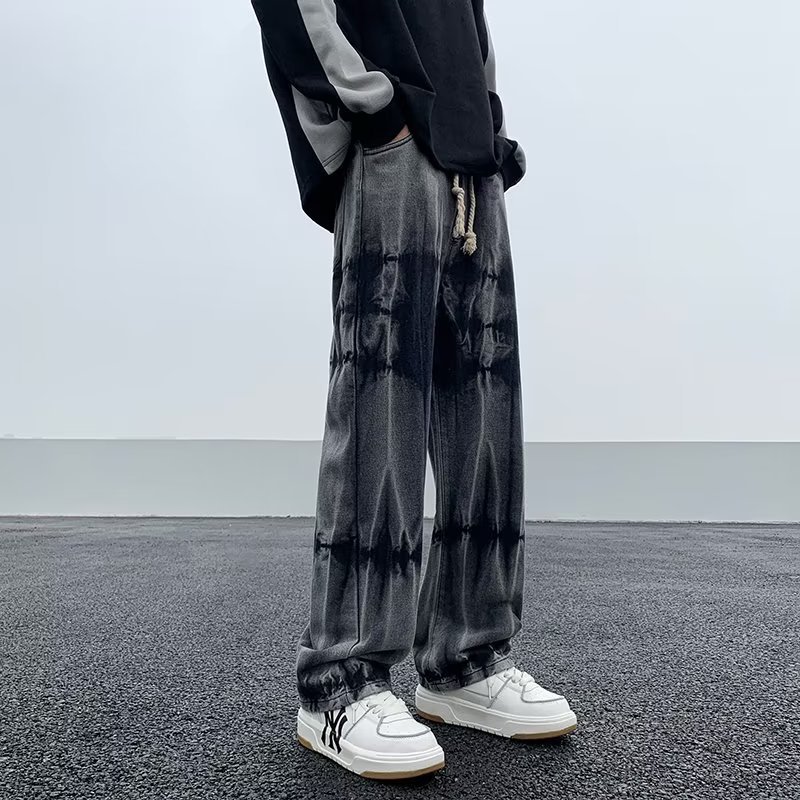 Men's Tie-Dye Elastic-Waist Jeans High Street Style Wide-Leg Straight Leg Pants for Spring and Autumn Casual Wear