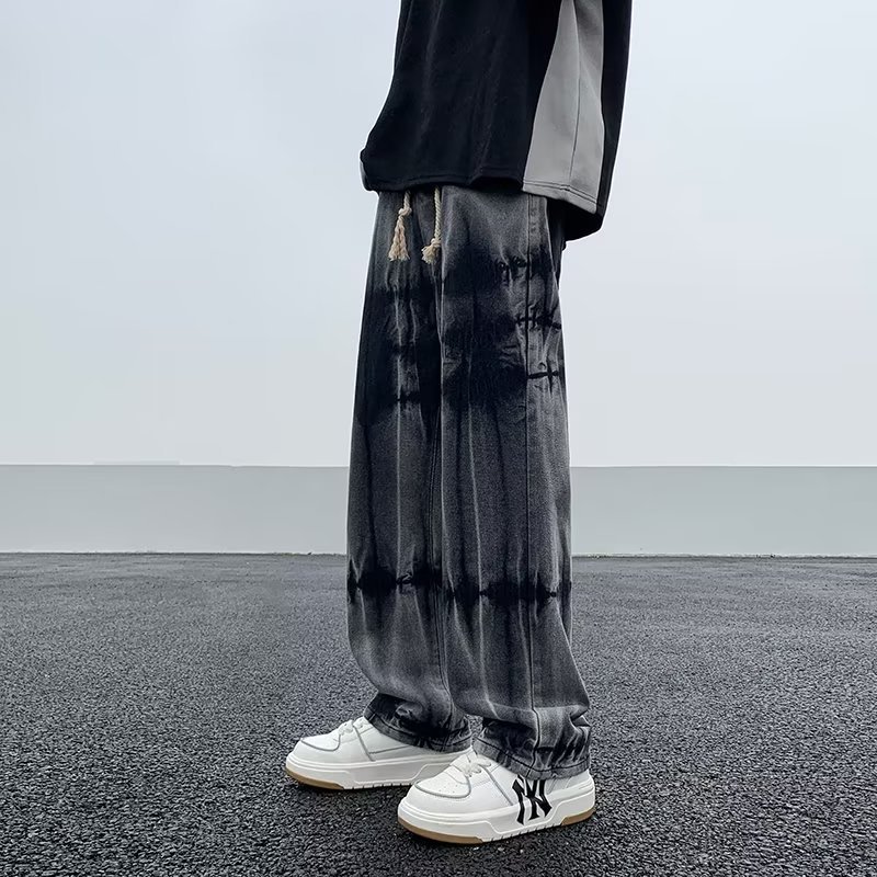 Men's Tie-Dye Elastic-Waist Jeans High Street Style Wide-Leg Straight Leg Pants for Spring and Autumn Casual Wear