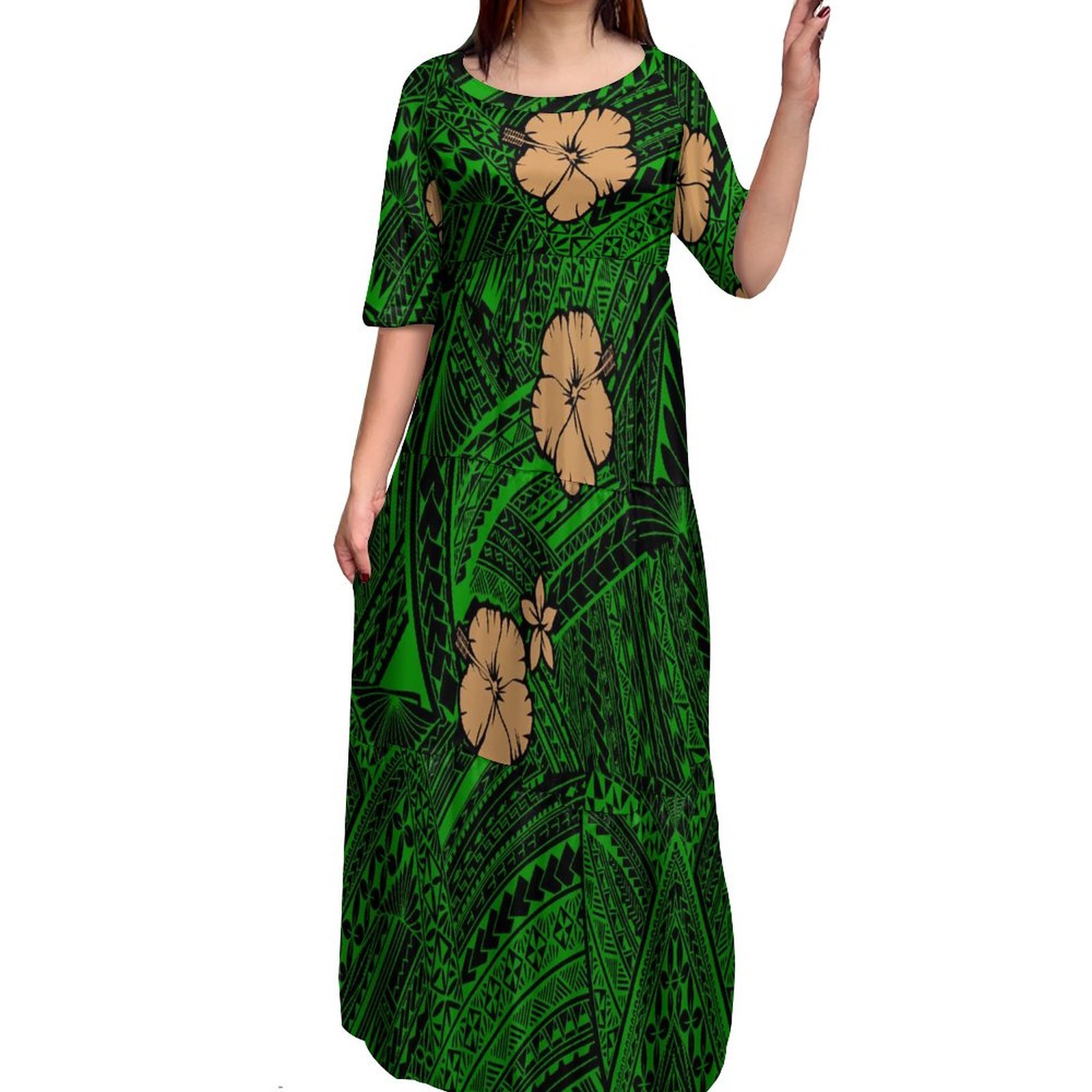 Hot Sales Tie-Dye Half Sleeve Crew Neck Maxi Multi Tiered Dress Pacific Island Dresses Women Polynesian Tribal Maxi Ladies Dress