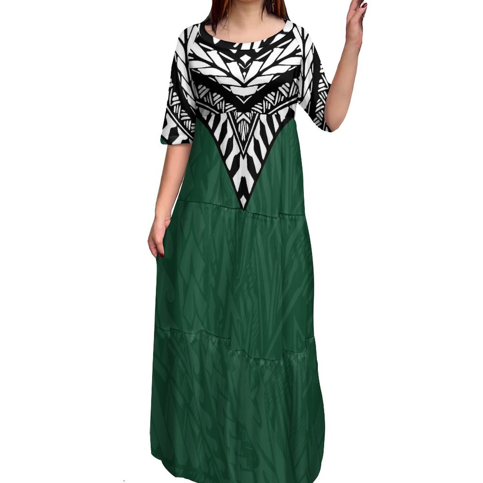 Hot Sales Tie-Dye Half Sleeve Crew Neck Maxi Multi Tiered Dress Pacific Island Dresses Women Polynesian Tribal Maxi Ladies Dress