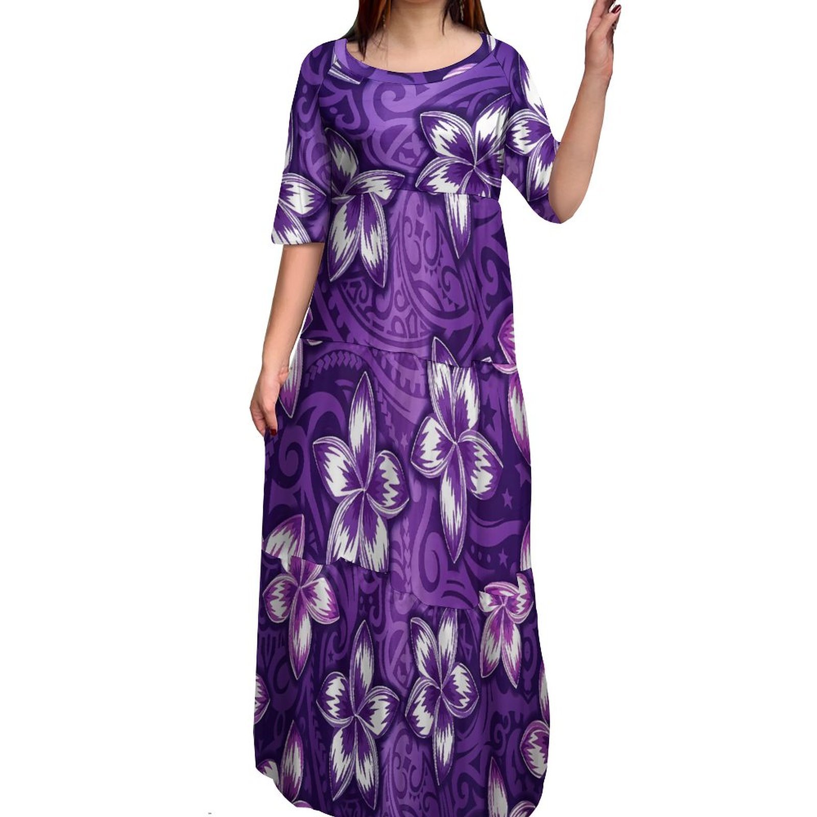 Hot Sales Tie-Dye Half Sleeve Crew Neck Maxi Multi Tiered Dress Pacific Island Dresses Women Polynesian Tribal Maxi Ladies Dress
