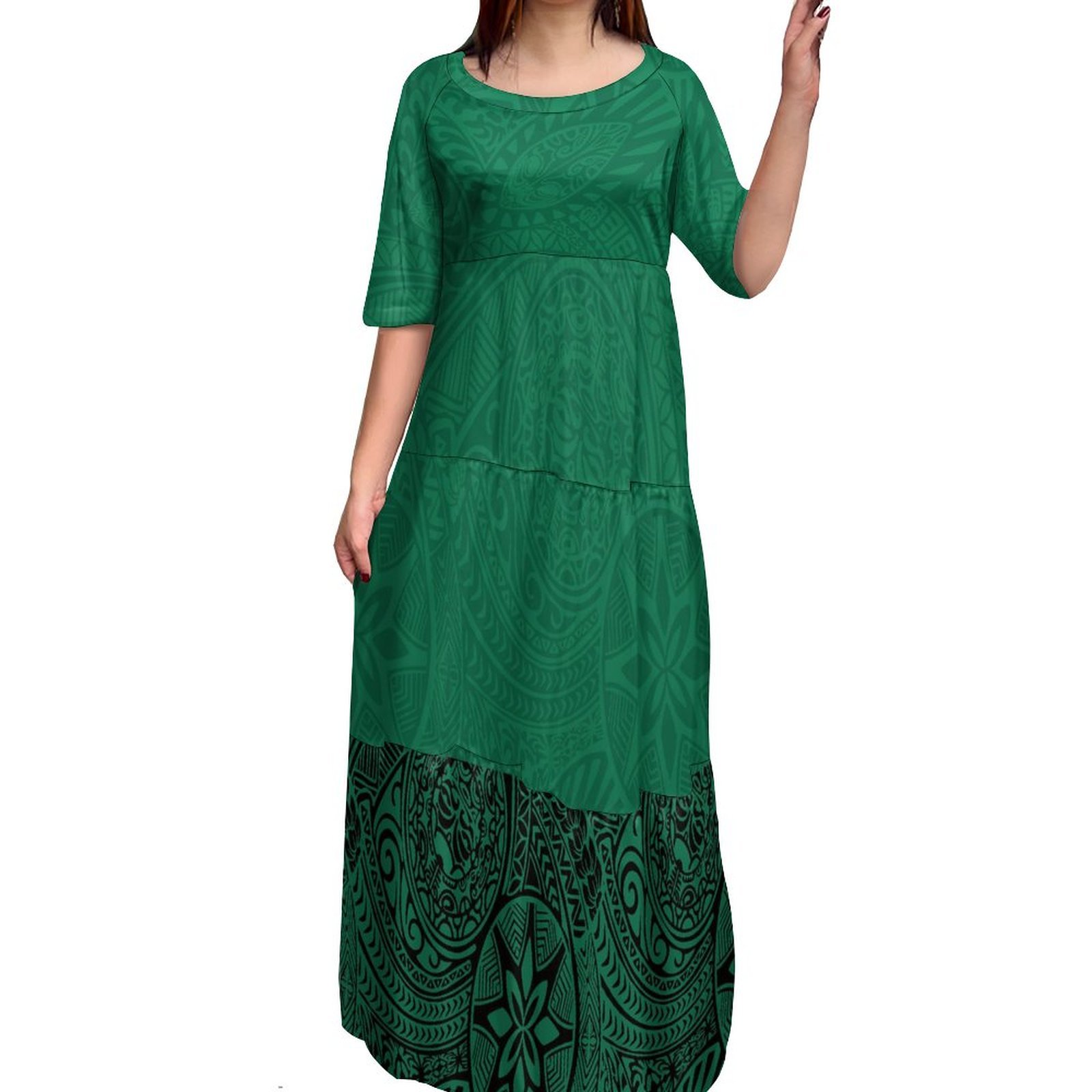 Hot Sales Tie-Dye Half Sleeve Crew Neck Maxi Multi Tiered Dress Pacific Island Dresses Women Polynesian Tribal Maxi Ladies Dress