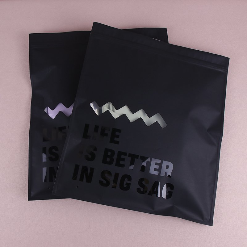 Custom Printed UV Spot Matte Black Flat ziplock Bag Luxury Plastic Packaging Bags With Window