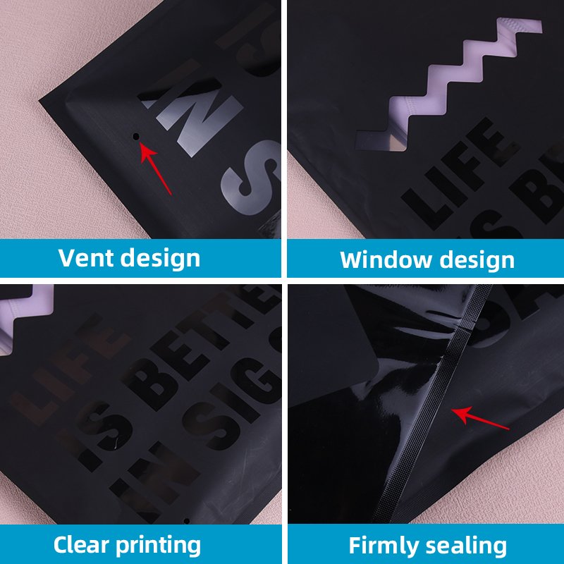 Custom Printed UV Spot Matte Black Flat ziplock Bag Luxury Plastic Packaging Bags With Window