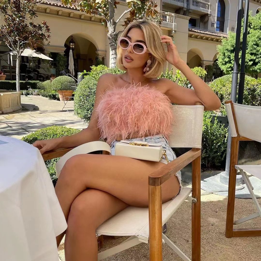2023 Ladies Fur Cropped Wraps Zipper Sleeveless Bustier Feather Corset Tube Top Strapless Ostrich Feather Fur Top Women