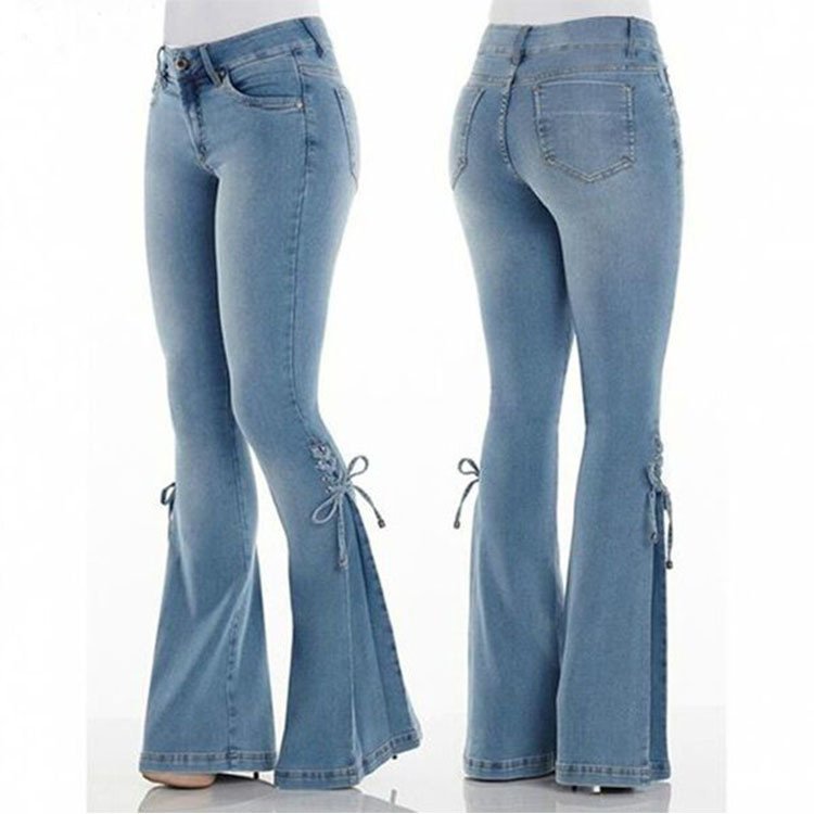 Wholesale Women Fashion Pockets Jeans Middle Waist Solid Color Tied Flared Trousers Lace Up Pants Trousers Denim Jeans