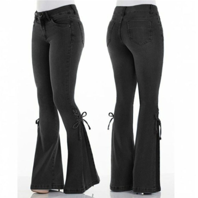 Wholesale Women Fashion Pockets Jeans Middle Waist Solid Color Tied Flared Trousers Lace Up Pants Trousers Denim Jeans