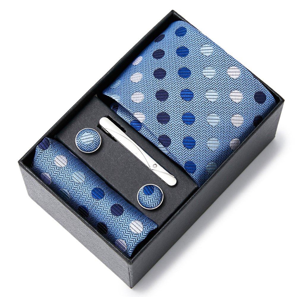 High Quality Brand 7.5 cm Tie Pocket Squares Cufflink Set Necktie Box Blue Paisley Accessories Fit Formal Party Birthday Gift
