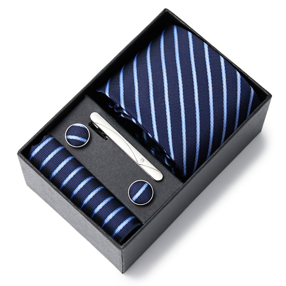 High Quality Brand 7.5 cm Tie Pocket Squares Cufflink Set Necktie Box Blue Paisley Accessories Fit Formal Party Birthday Gift
