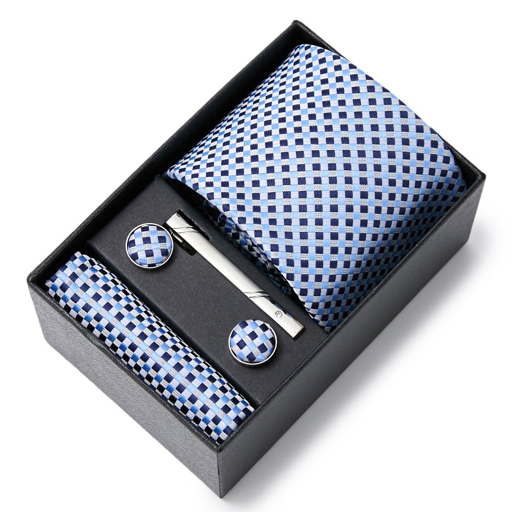 High Quality Brand 7.5 cm Tie Pocket Squares Cufflink Set Necktie Box Blue Paisley Accessories Fit Formal Party Birthday Gift