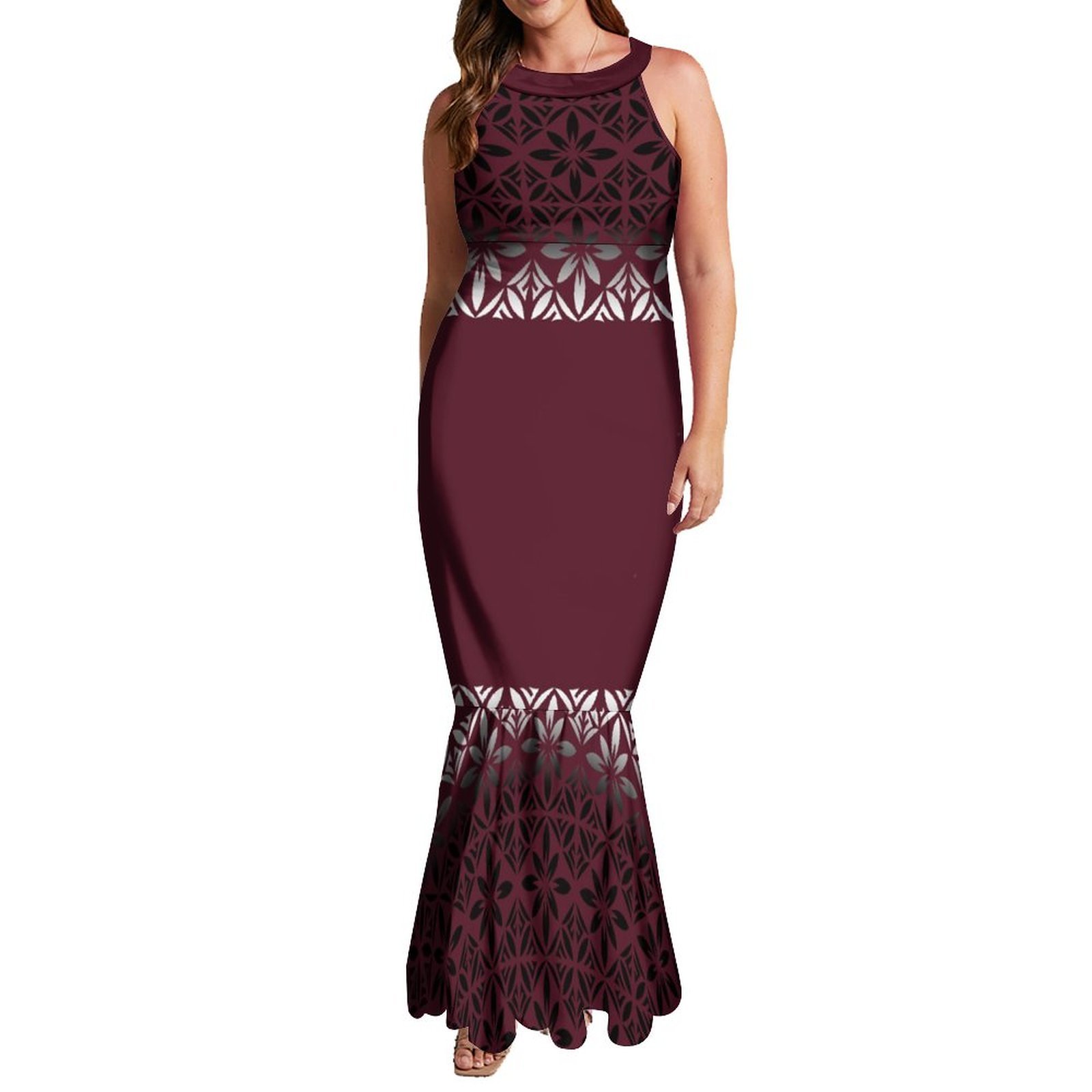 Wholesale Custom Women Elegant Halter Neckband Sleeveless Fishtail Evening Dresses Polynesian Samoa Tribal Printed Mermaid Dress