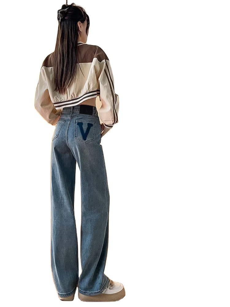 Women's New Y2K Streetwear Casual Denim Straight Leg Pants High Waisted V High Jeans with Contrasting Color Wide Leg Version
