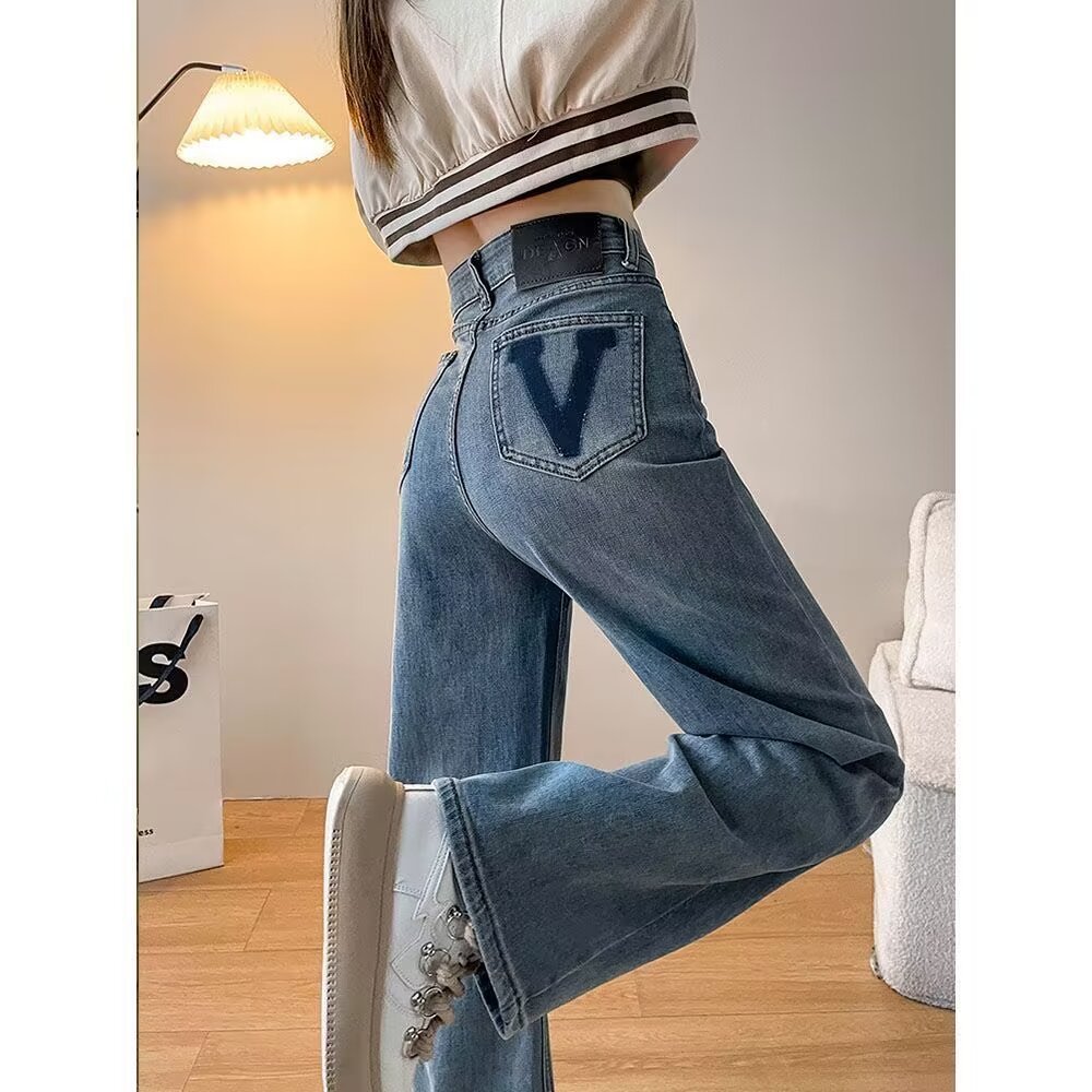 Women's New Y2K Streetwear Casual Denim Straight Leg Pants High Waisted V High Jeans with Contrasting Color Wide Leg Version